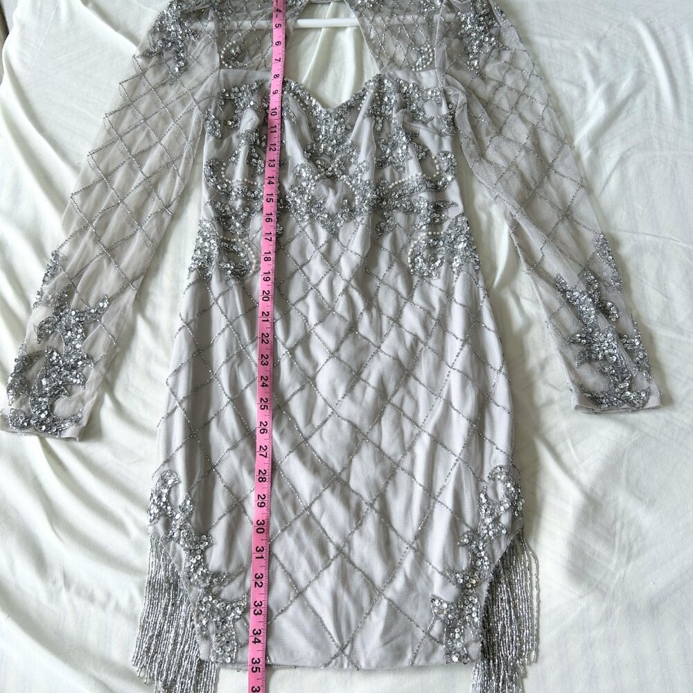 Boohoo Beaded Tassel Silver Mini Dress Long Sleeve - Picture 11 of 12